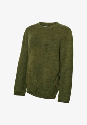 Roheline kootud kampsun, millel on ümara kaelusega, pikad varrukad, soonikserv ning küljele seotud detail. Valmistatud tekstuurse lõngaga.