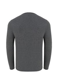 Koszula z długim rękawem wykonana z miękkiej, szarej bawełny. Ma okrągły dekolt i dopasowane rękawy o gładkiej fakturze oraz zaokrąglony dół.