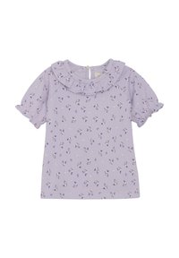 Lila kortärmad topp med en volangkrage, prydd med små blommönster i lila och vitt på ett texturerat tyg. Knapplist i ryggen.