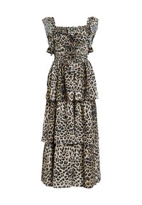Maxi dress con stampa leopardata, spalline arricciate, corpetto arricciato e gonna a strati. Il tessuto sembra leggero e fluido.