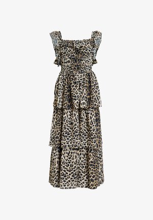 Leopardimustriga maxi kleit rippuvate õlapaeltega, rinnanööriga ja mitmekihilise seelikuga. Kangas näib olevat kerge ja voolav.