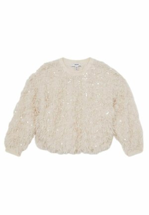 Cream-colored long-sleeve fuzzy sweater with sequin embellishments and ribbed cuffs, suitable for children aged 5-6 years.