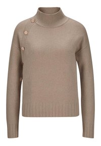 Beige Strickpullover mit einem hohen, gerippten Kragen, der fünf dekorative Knöpfe entlang der linken Schulter aufweist sowie gerippte Bündchen und Saum.