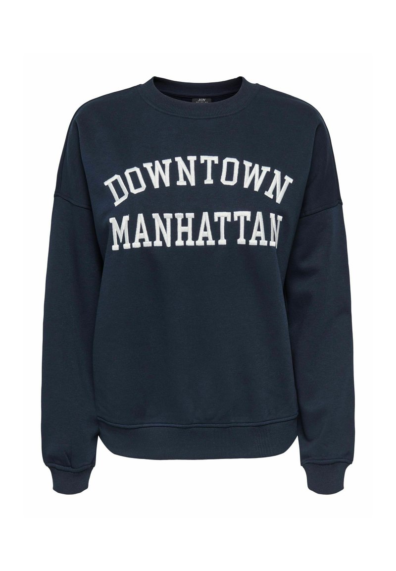 Sweat-shirt bleu marine avec poignets et ourlet côtelés blancs, portant l'inscription « DOWNTOWN MANHATTAN » en grandes lettres capitales blanches sur la poitrine.