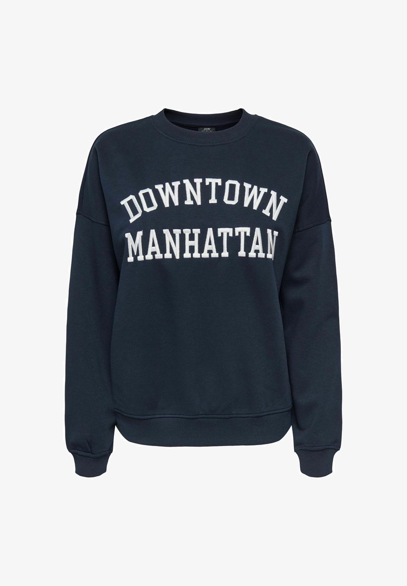 Sweat-shirt bleu marine avec poignets et ourlet côtelés blancs, portant l'inscription « DOWNTOWN MANHATTAN » en grandes lettres capitales blanches sur la poitrine.