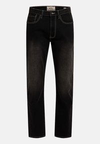 Μαύρο τζιν από τζιν ύφασμα με ίσια γραμμή, αντίθετες ανοιχτόχρωμες ραφές, πέντε τσέπες και κούμπωμα με κουμπί.