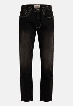 Crne traperice od trapera s ravnim krojem nogavica, kontrastnim svijetlim šavovima, pet džepova i zatvaranjem na gumbe.