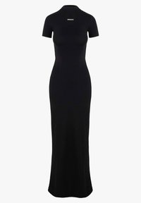 Czarna, dopasowana maxi sukienka z krótkimi rękawami i wysokim dekoltem. Wykonana z miękkiego materiału, z subtelnym logo na klatce piersiowej.