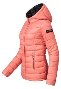 Pink puffer jacket with a hood, quilted texture, zippered side pocket, and a black lining. Features a brand logo on the sleeve.