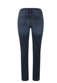 Tummansiniset farkut, kapeat mallit, joissa on sileä rakenne, keski- korkeutinen vyötärö, taskut ja hienovaraiset ompeluseikat takana.