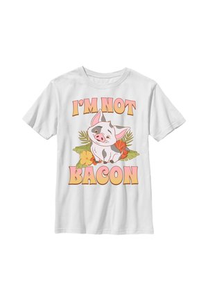 Wit T-shirt met een glimlachend cartoonvarkentje omringd door groene bladeren en bloemen, tekst boven en onder het varkentje luidt "I'm not bacon."