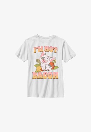 Biała koszulka z uśmiechniętą kreskówkową świnką otoczoną zielonymi liśćmi i kwiatami, napis nad i pod świnką brzmi "I'm not bacon."