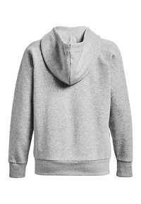 Grey sweatshirt with a hood, made of soft material, featuring ribbed cuffs and hem, smooth texture, and a simple, classic design.