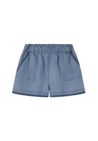 Shorts de mezclilla con una cinturilla elástica, dos bolsillos frontales y detalles decorativos trenzados a lo largo del dobladillo y los bordes de los bolsillos. Color azul claro.