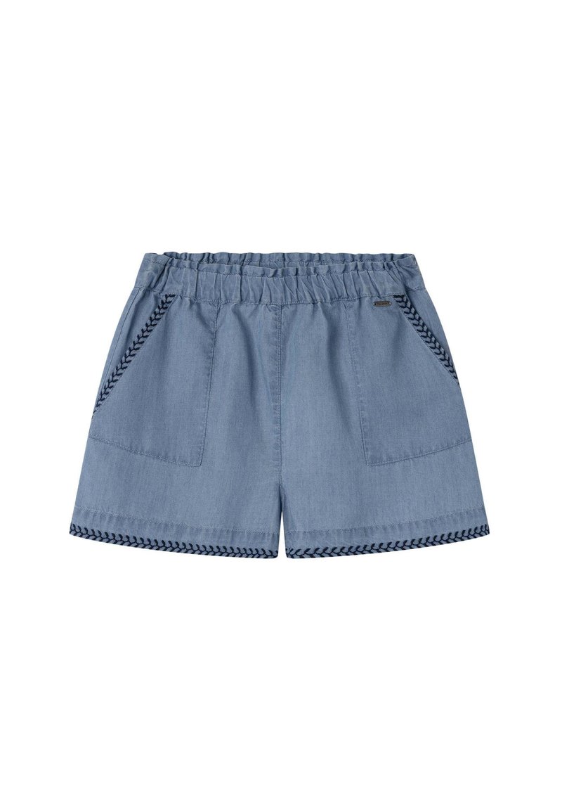 Shorts de mezclilla con una cinturilla elástica, dos bolsillos frontales y detalles decorativos trenzados a lo largo del dobladillo y los bordes de los bolsillos. Color azul claro.