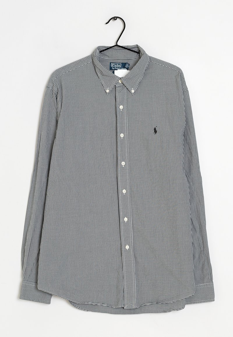 Camisa de manga larga con estampado de cuadros en blanco y negro, cuello abotonado, botones en la parte delantera y pequeño logo bordado en el pecho.