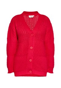 Cardigan rosso lavorato a maglia con scollo a V, chiusura con bottoni e motivo testurizzato. Presenta polsini e orlo a costine per una maggiore struttura.