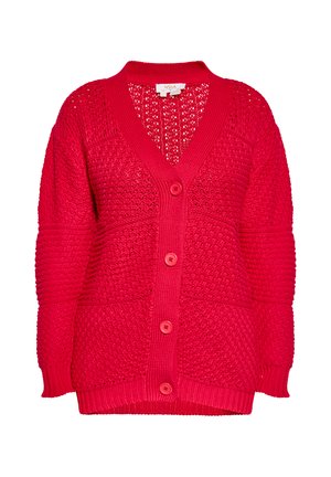 Rode gebreide cardigan met een V-hals, knoopsluiting en een gestructureerd patroon. Heeft ribbels aan de mouwen en onderrand voor extra stevigheid.