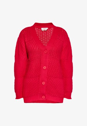 Czerwona, dziana kardiganka z dekoltem w szpic, zapięciem na guziki oraz teksturowanym wzorem. Posiada prążkowane mankiety i dół dla dodatkowej struktury.