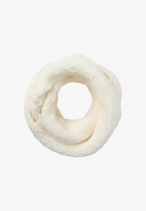 Sciarpa infinita bianca in peluche con una consistenza morbida e pelosa, caratterizzata da un design a anello continuo per un indossare confortevole.