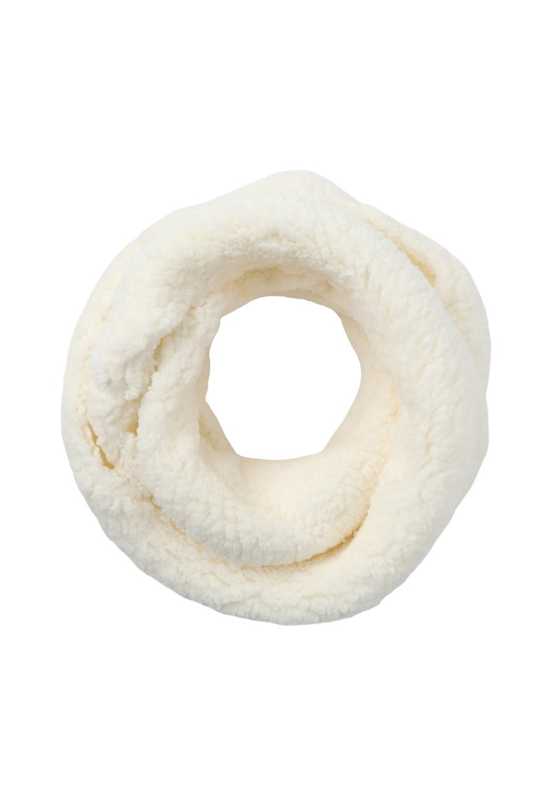 Biały, pluszowy szalik w nieskończoność o miękkiej, puszystej teksturze, z ciągłym wzorem w pętli dla wygodnego noszenia.