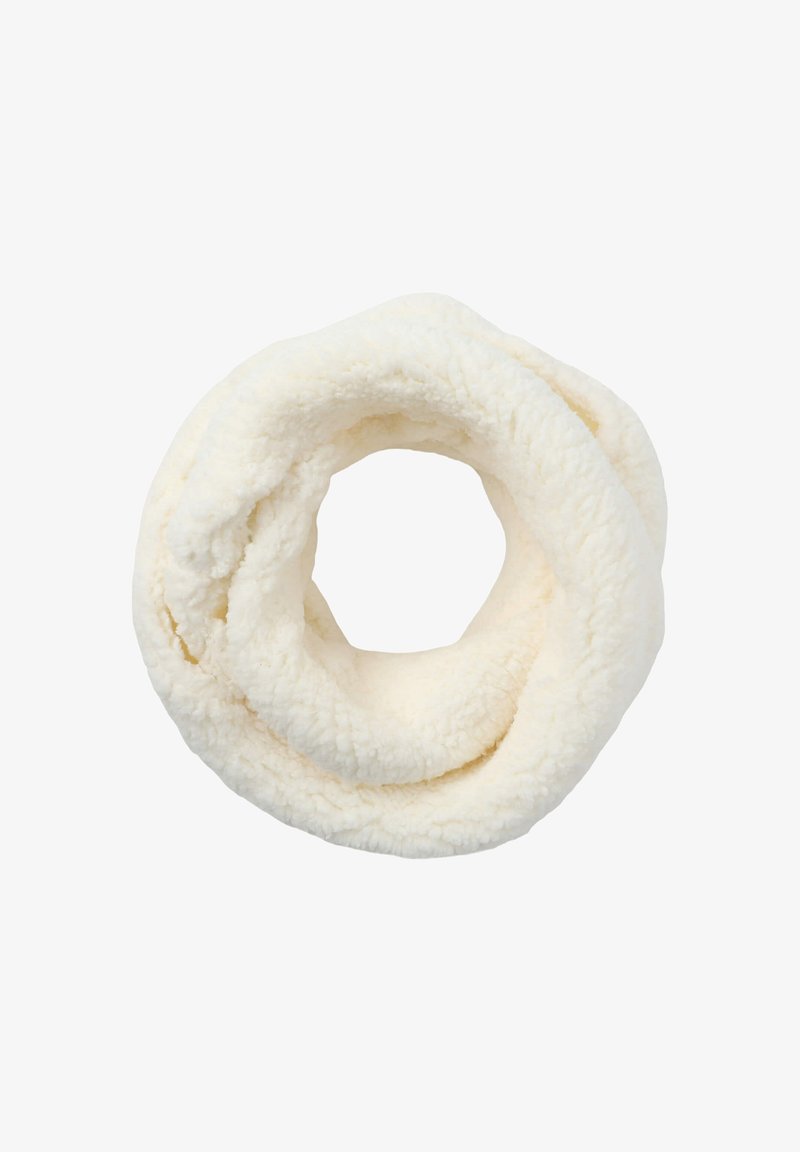 Sciarpa infinita bianca in peluche con una consistenza morbida e pelosa, caratterizzata da un design a anello continuo per un indossare confortevole.