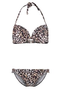 Μαγιώ μπικίνι με λεοπάρ σχέδιο, περιλαμβάνει στιβαρή halter μπλούζα με φιόγκο στον λαιμό και αντίστοιχο χαμηλοκάβαλο σλιπ, και τα δύο από μαλακό ύφασμα.