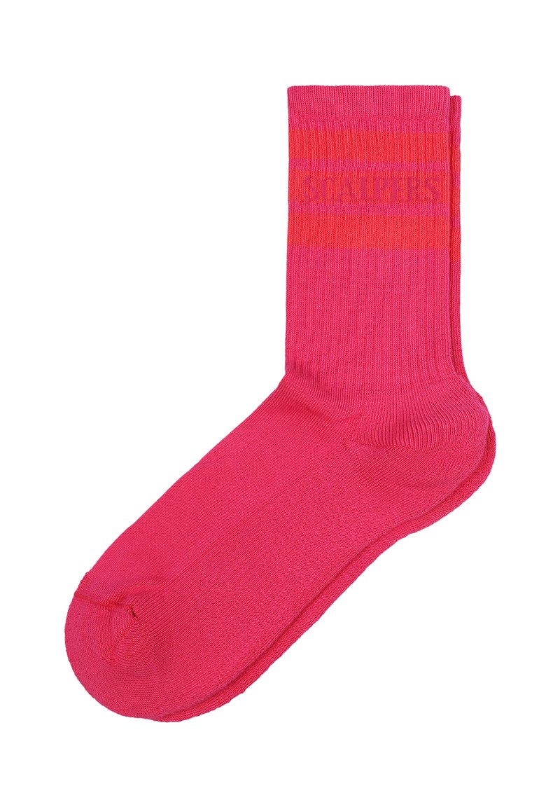 Calcetines rosas con una textura acanalada y franjas horizontales naranjas en contraste. Un lado presenta un logo en un tono de rosa ligeramente más oscuro.