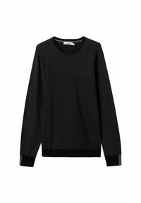 Pull rayé noir à manches longues, avec un col rond et un tissu texturé. Présente des poignets sombres contrastants, offrant un design épuré et moderne.