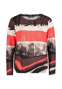 Długi rękaw top z wielokolorowym abstrakcyjnym wzorem w odcieniach czerwonym, czarnym i beżowym, wykonany z miękkiego materiału z okrągłym dekoltem.