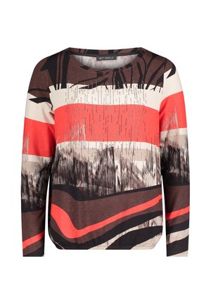 Długi rękaw top z wielokolorowym abstrakcyjnym wzorem w odcieniach czerwonym, czarnym i beżowym, wykonany z miękkiego materiału z okrągłym dekoltem.
