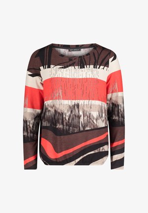 Długi rękaw top z wielokolorowym abstrakcyjnym wzorem w odcieniach czerwonym, czarnym i beżowym, wykonany z miękkiego materiału z okrągłym dekoltem.