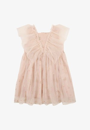 Jasnoróżowa sukienka z warstwowymi rękawami z tiulu, bufowanym gorsetem i kwiatowym haftem. Rozkloszowana spódnica o marszczonej fakturze. Zapięcie z tyłu.