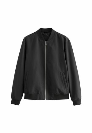 Veste bomber noire en tissu lisse, avec fermeture éclair à l'avant, col, ourlet et poignets côtelés, et deux poches latérales.