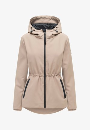 Lichtbeige damesjas met capuchon, zwarte ritssluiting, elastische taille en zijzakken met zwarte bies, getoond op een witte achtergrond.