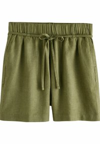 Olijf groene linnen korte broek met een elastische taille, trekkoorddetail en zijzakken; gestructureerde stof met een relaxte pasvorm en omgestikte randen.