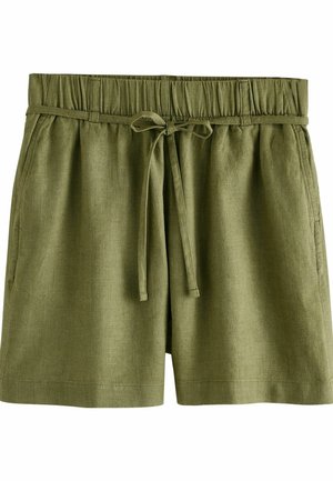 Pantaloni corti in lino verde oliva con vita elastica, dettaglio con cordoncino e tasche laterali; tessuto texturizzato con vestibilità rilassata e orli rifiniti.