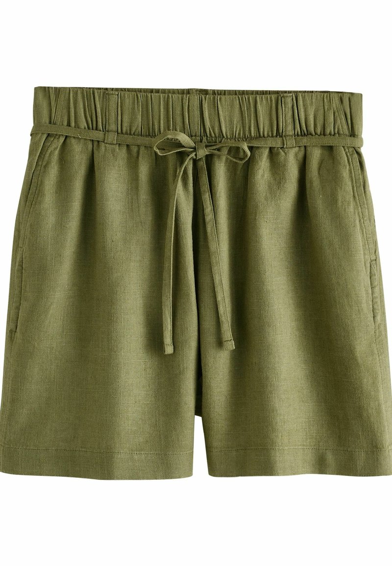 Olijf groene linnen korte broek met een elastische taille, trekkoorddetail en zijzakken; gestructureerde stof met een relaxte pasvorm en omgestikte randen.
