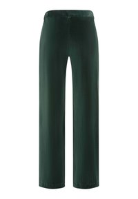 Dunkelgrüne, weit geschnittene Hose aus einem weichen, strukturierten Stoff mit glatter Oberfläche, mit einem flachen Bund und ohne sichtbare Taschen.