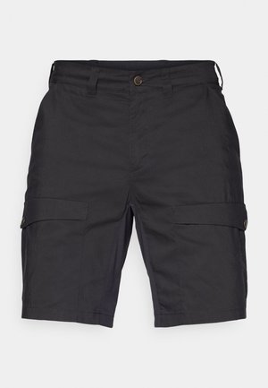 Donkergrijze cargoshorts van lichtgewicht stof, met twee zijzakken met knoopsluitingen en een recht gesneden ontwerp.