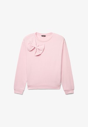 Sweat-shirt rose clair avec un détail en nœud sur l'épaule gauche. Confectionné en tissu doux, il présente un col rond et des manches longues avec poignets.