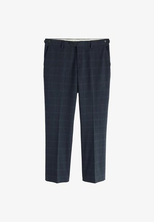 Dunkelgraue Anzughose mit dezentem Karomuster, vorderen Taschen und knöpfbarem Bunddetail.