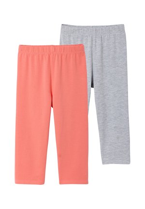 Zwei Paar Leggings für Kleinkinder, eines in Korallenfarbe und eines in Hellgrau, beide mit elastischem Bund und einfachem Design.