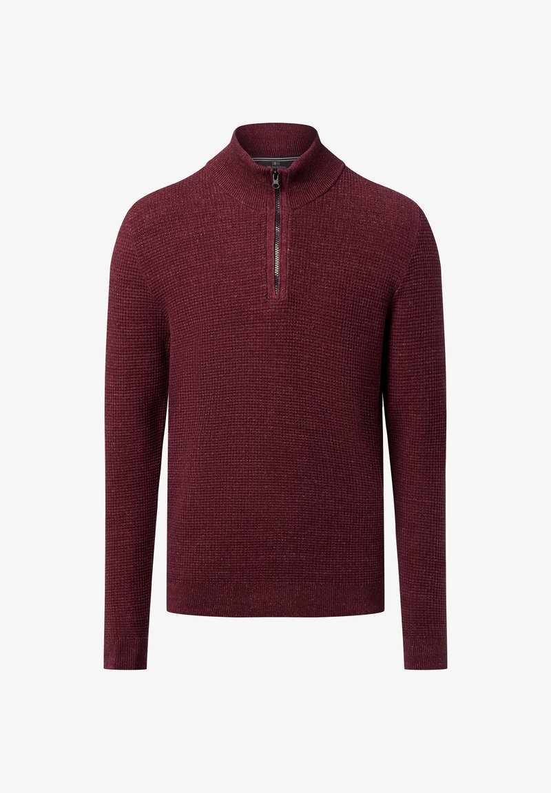 Burgunderfarbener Pullover mit Struktur, Halbreißverschlusskragen und langen Ärmeln. Hergestellt aus gestricktem Stoff, mit einem dezenten Rippmuster.