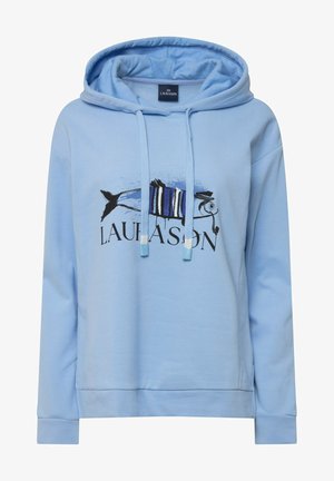Lichtblauwe hoodie gemaakt van katoen met een voorzijdeprint van een vis. Voorzien van een capuchon met trekkoord en ribgebreide manchetten en onderrand.