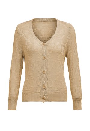 Beige strikket cardigan med V-udskæring, lange ærmer og syv knapper. Struktureret mønster hele vejen igennem og ribbede manchetter og bund.