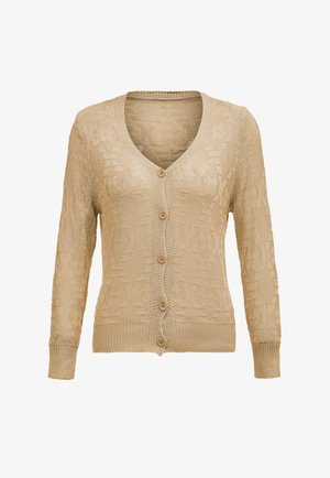Cardigan bej tricotat, cu decolteu în V, mâneci lungi și șapte butoane. Model texturat pe toată suprafața și manșete și tiv cu nervuri.