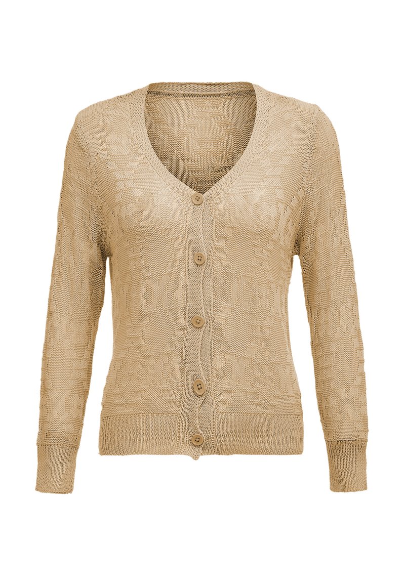 Ljus beige stickad cardigan med V-ringning, långa ärmar och sju knappar. Mönstrad textur genom hela plagget samt ribbade cuffs och nederkant.
