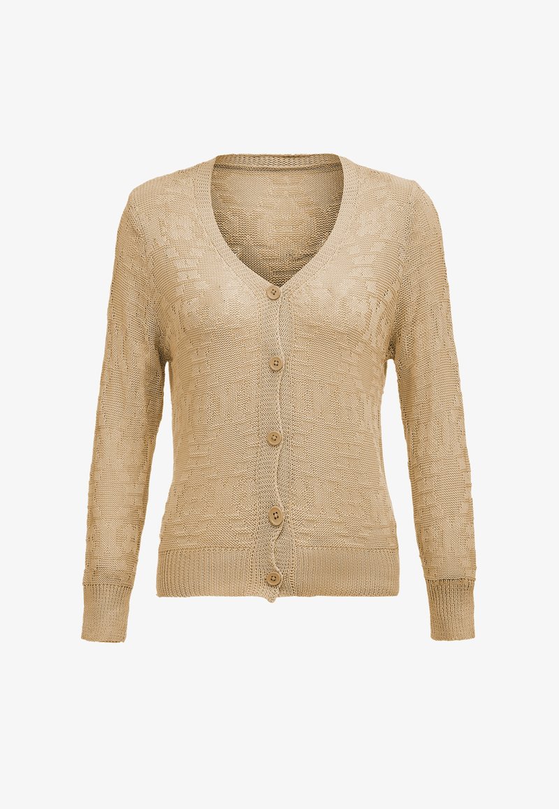Cardigan bej tricotat, cu decolteu în V, mâneci lungi și șapte butoane. Model texturat pe toată suprafața și manșete și tiv cu nervuri.