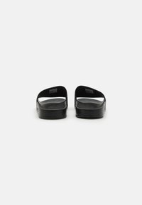 Sorte slidesandaler med tekstureret overdel og flade såler, der har et minimalistisk design og åben bagdel for nem påføring.